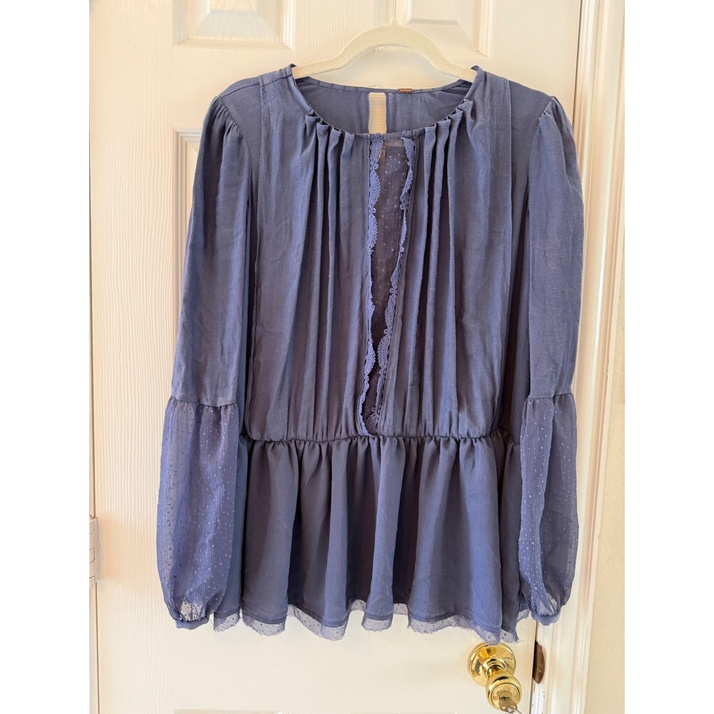 Free People Soul Serene Blouse Blue Open Back Lace Boho Tunic Top - Picture 2 of 8